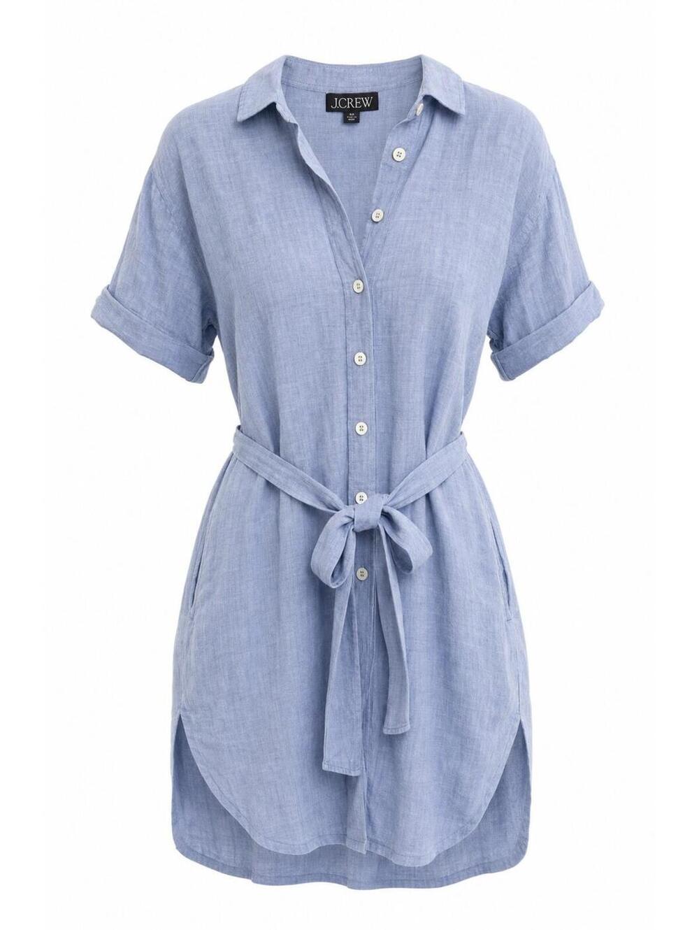 J.CREW Women's Linen Capitaine Shirt Dress Blue Button Front Belted Pockets XSP